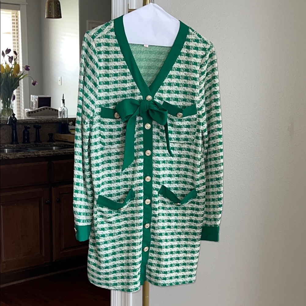 So Me Green and White Tweed Mini Cardigan Dress with Bow